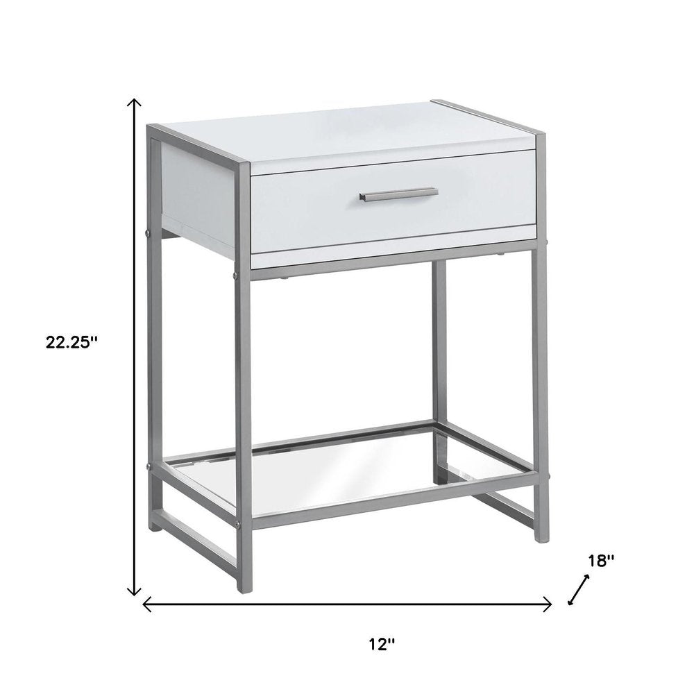 22" White Glass And Metal End Table With Drawer And Shelf