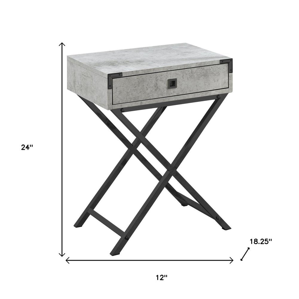 24" Silver And Deep Taupe Wood And Metal End Table With Drawer