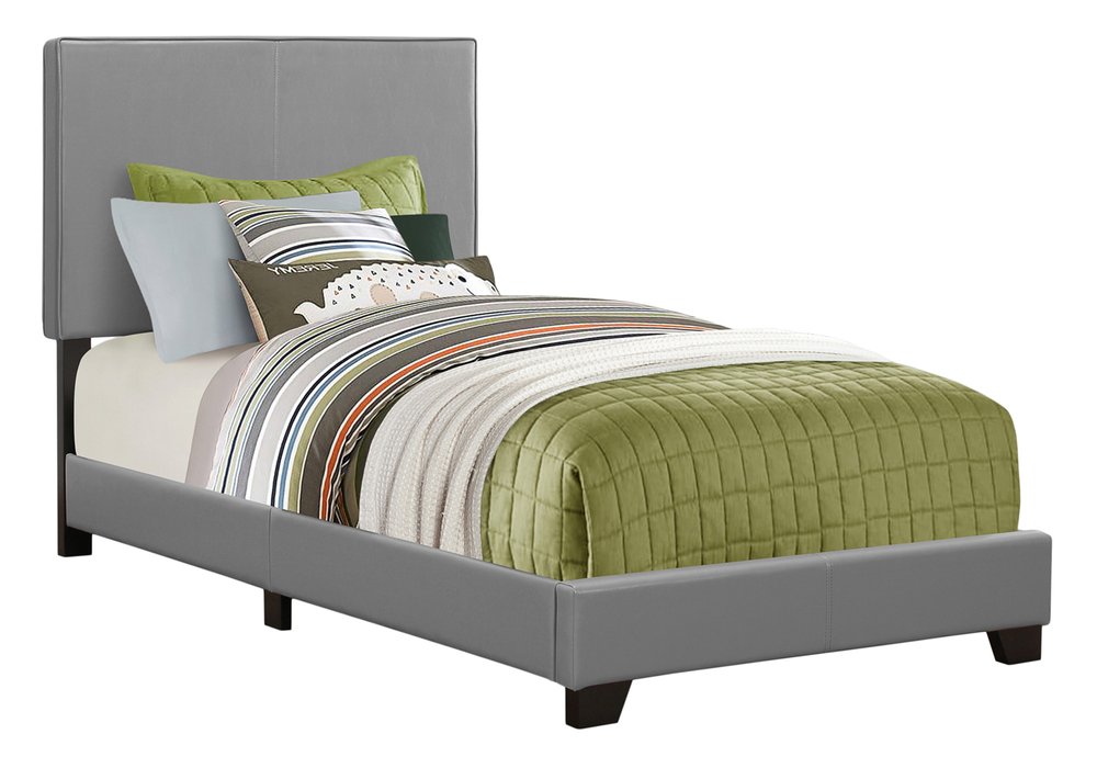 Solid Wood Twin Gray Upholstered Faux Leather Bed