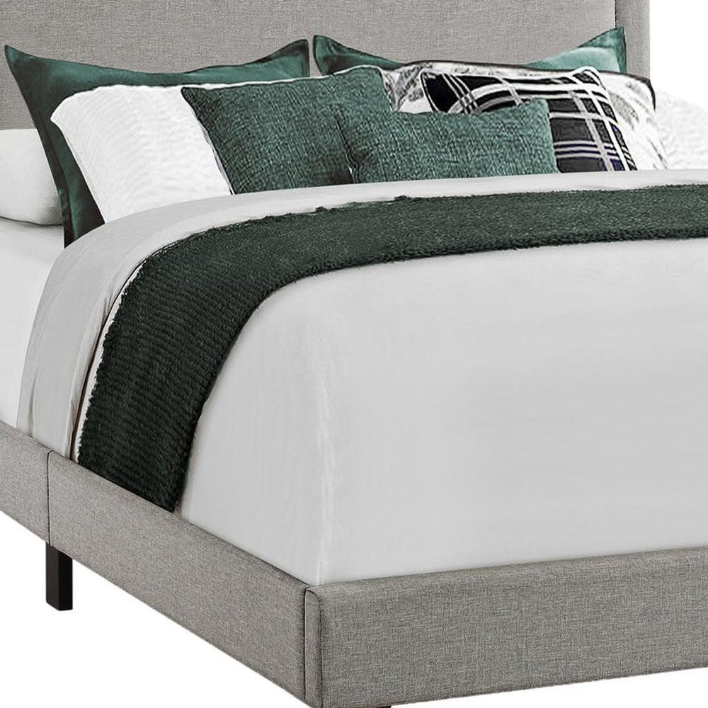 Gray Solid Wood Queen Upholstered Linen Bed Frame with Nailhead Trim