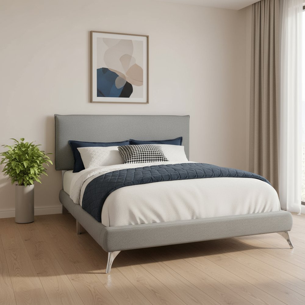 Gray Solid Wood Queen Upholstered Linen Bed Frame with Nailhead Trim