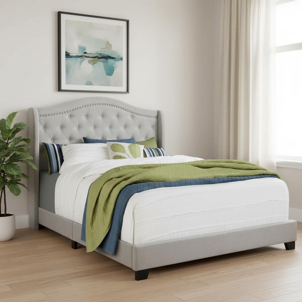 Light Gray and Gray Wood Tufted Upholstered Queen Bed Frame with Nailhead Trim