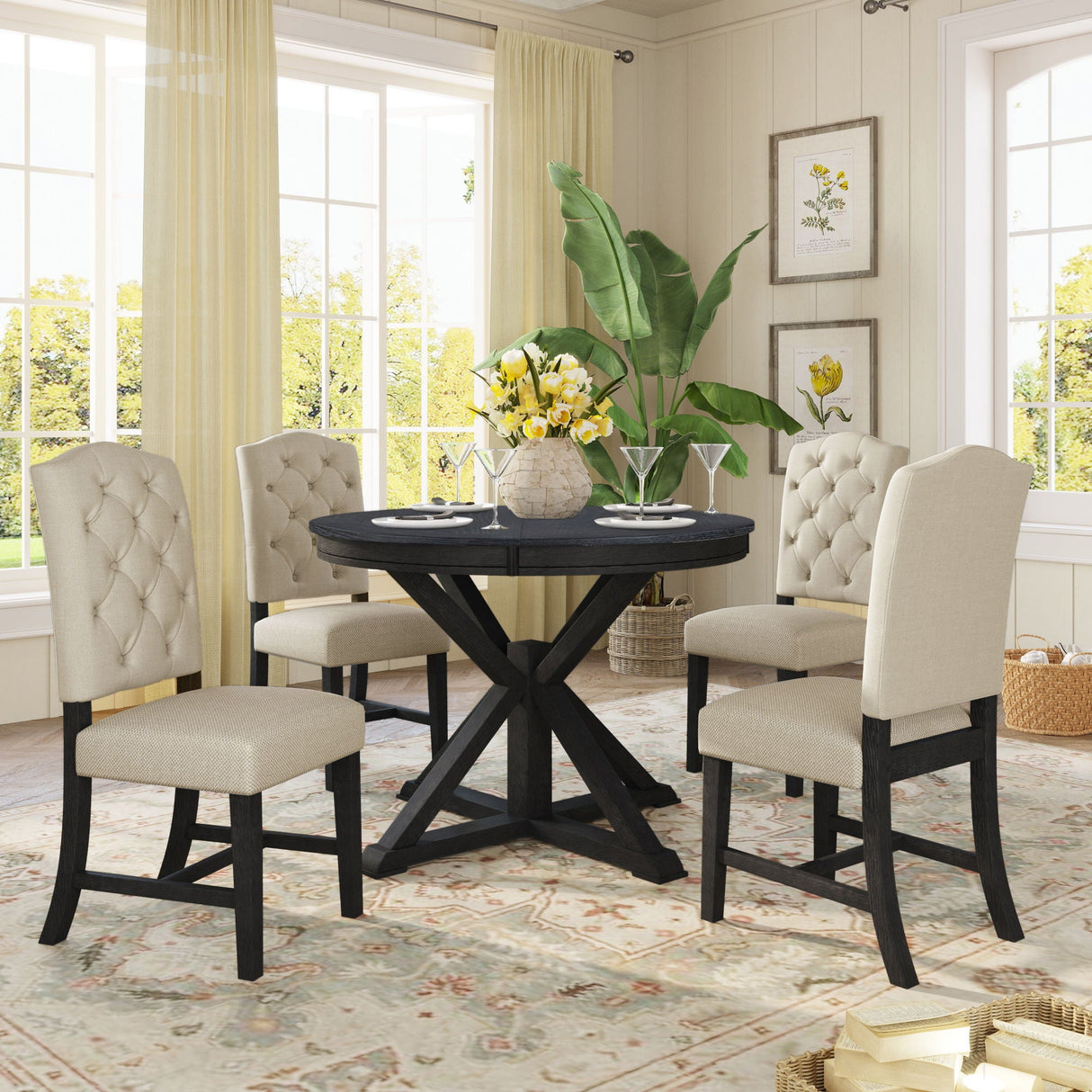 Functional Furniture Retro Style Dining Table Set With Extendable Table And 4 Upholstered Chairs For Dining Room And Living Room by Couch.com