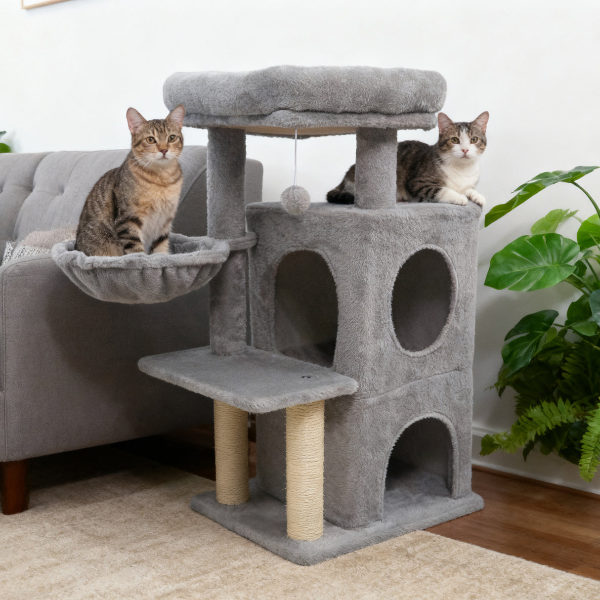 33.5 Inch Cute Kitten Tower with 2-Tier Condo and Padded Top Perch-Light Gray