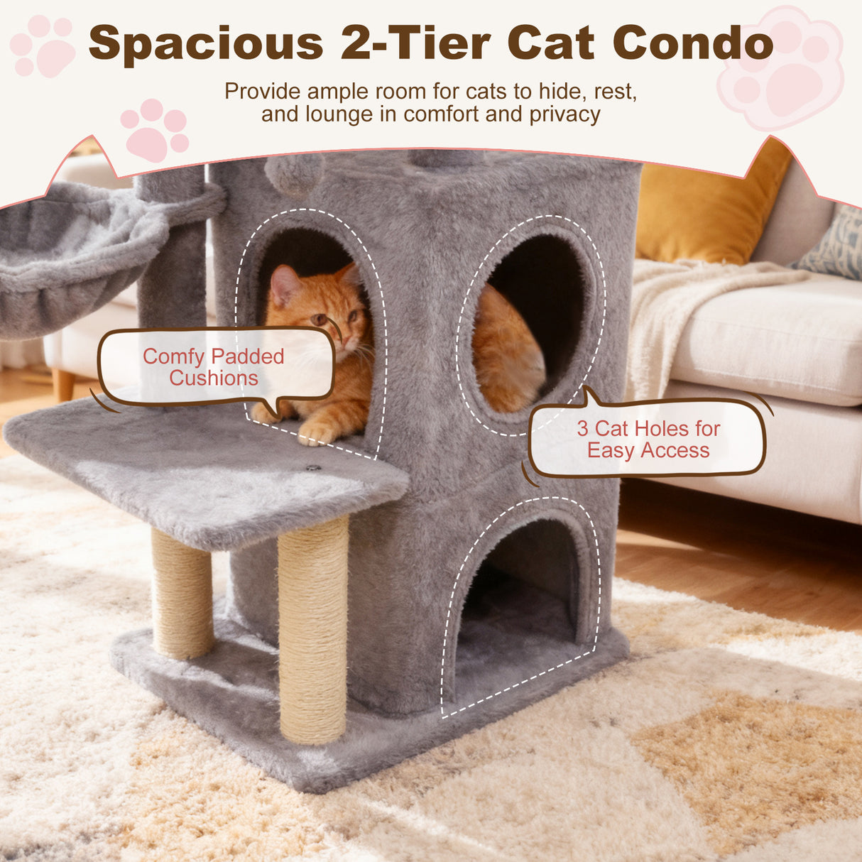 33.5 Inch Cute Kitten Tower with 2-Tier Condo and Padded Top Perch-Light Gray