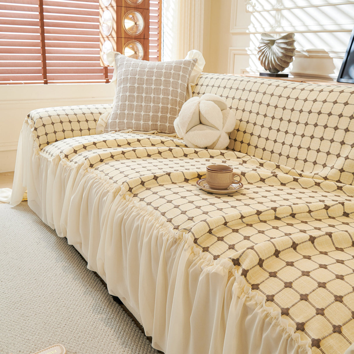 Grid Textured Sofa Cover with Sheer Ruffle Skirt, Pet-Friendly Sofa Throw Slipcover