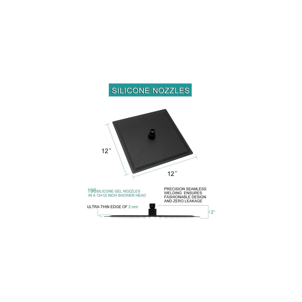 12" Square Rainfall Shower Head With Wall / Ceiling Mount, 304 Stainless Steel - Matte Black