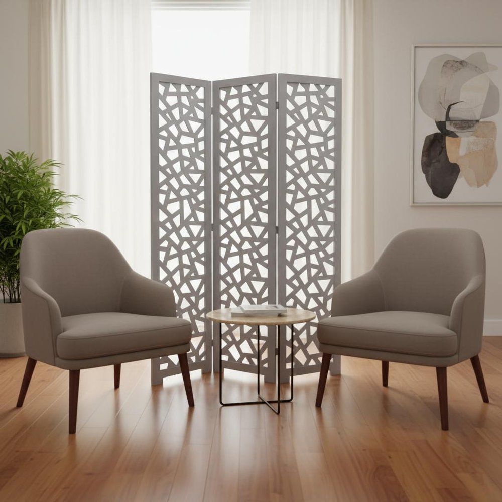 50" Gray Solid Wood Folding Three Panel Screen Room Divider
