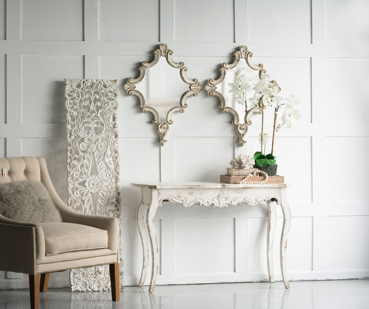 Artistic Diamond Scrollwork Mirror, Home Accent Mirror For Living Room, Entryway, Bedroom, Office - Antique White by Couch.com