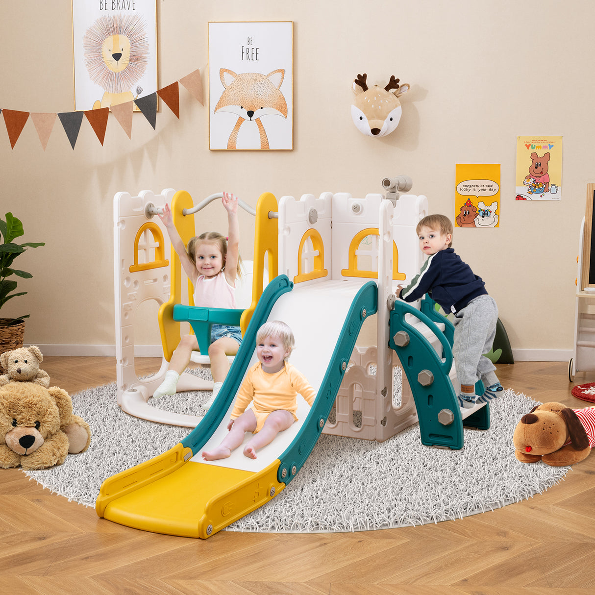 7-in-1 Toddler Swing and Slide Set L-shaped with Ladder and Basketball Hoop-Yellow