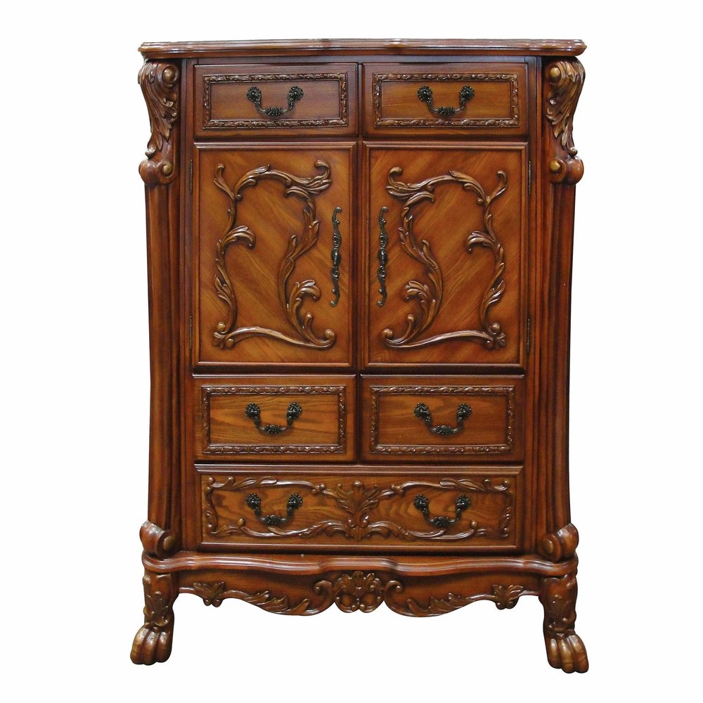 55" Brown Carved Scrollwork Solid Wood Two Door Five Drawer Combo Dresser