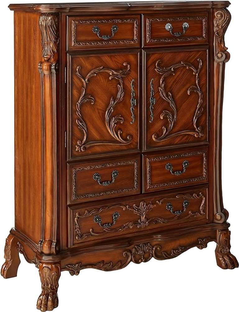 55" Brown Carved Scrollwork Solid Wood Two Door Five Drawer Combo Dresser