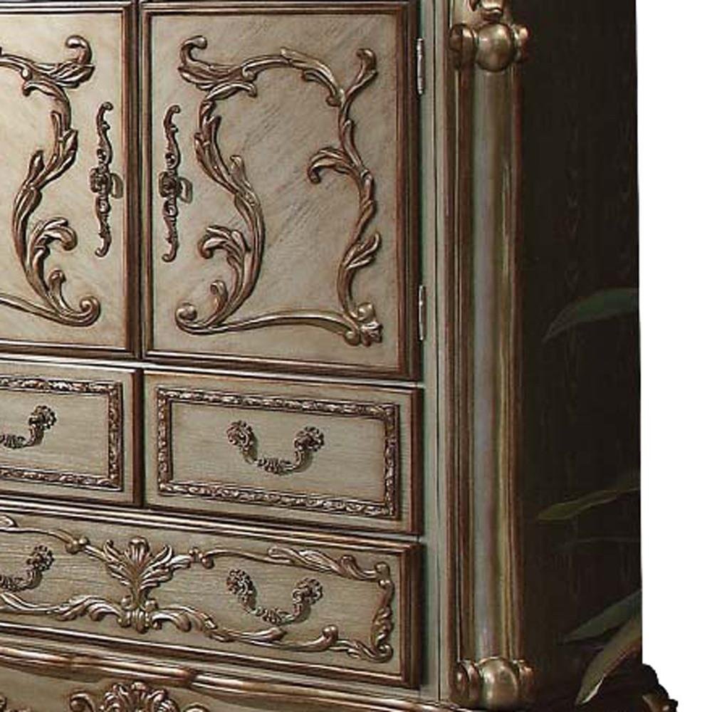 55" Bone Carved Scrollwork Solid Wood Two Door Five Drawer Combo Dresser