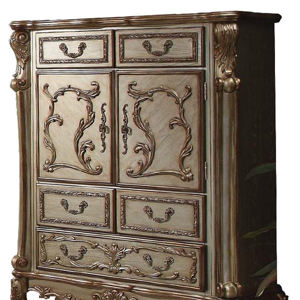 55" Bone Carved Scrollwork Solid Wood Two Door Five Drawer Combo Dresser