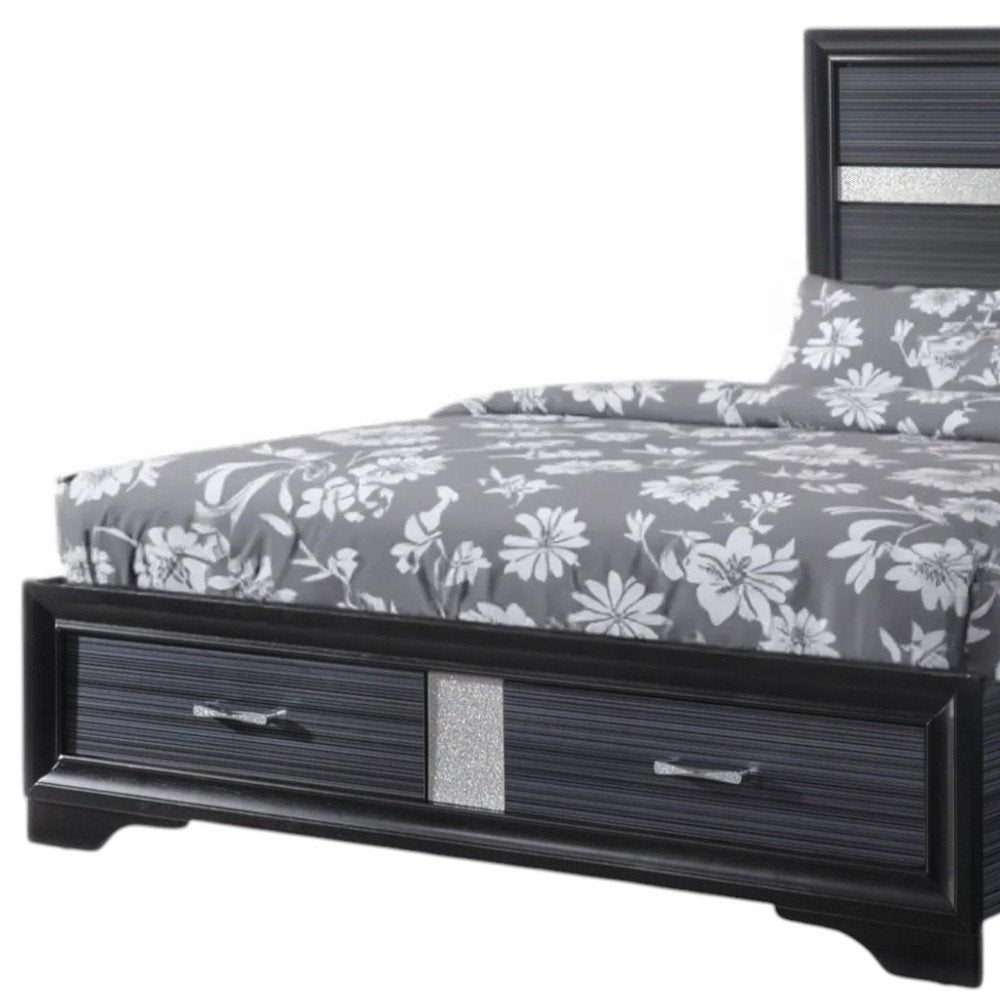 Black Gray and Silver Faux Crystal Bling Wood King Bed Frame With Two Drawers