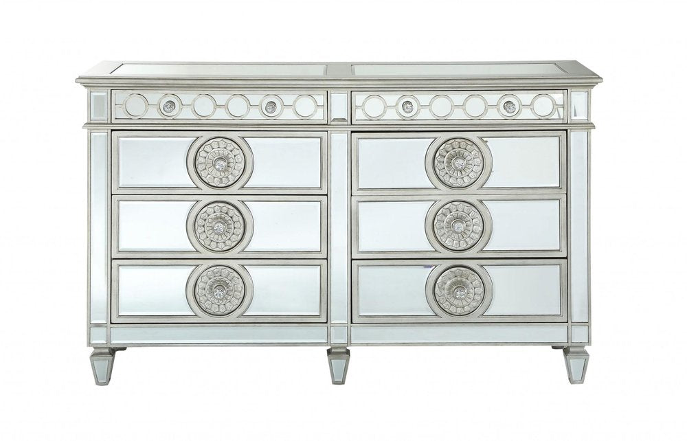 68" Silver Wood Mirrored Eight Drawer Double Dresser