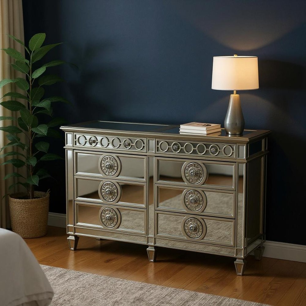 68" Silver Wood Mirrored Eight Drawer Double Dresser