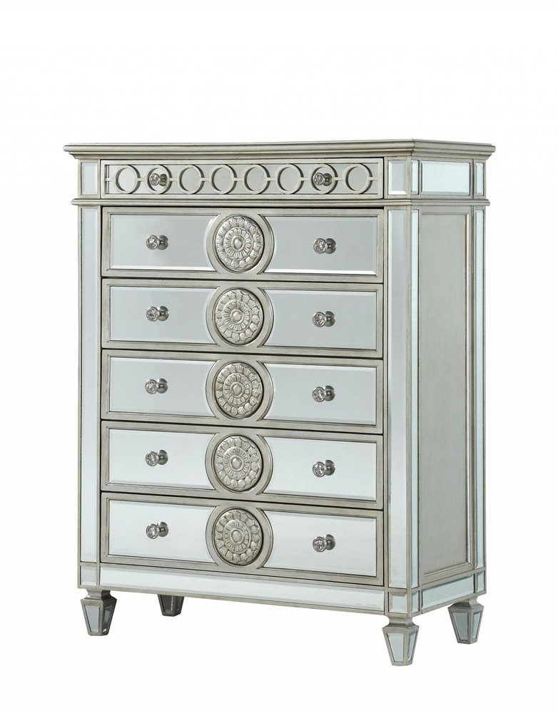 44" Silver Solid Wood Mirrored Six Drawer Dresser