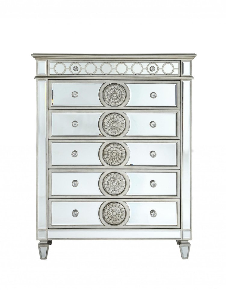 44" Silver Solid Wood Mirrored Six Drawer Dresser