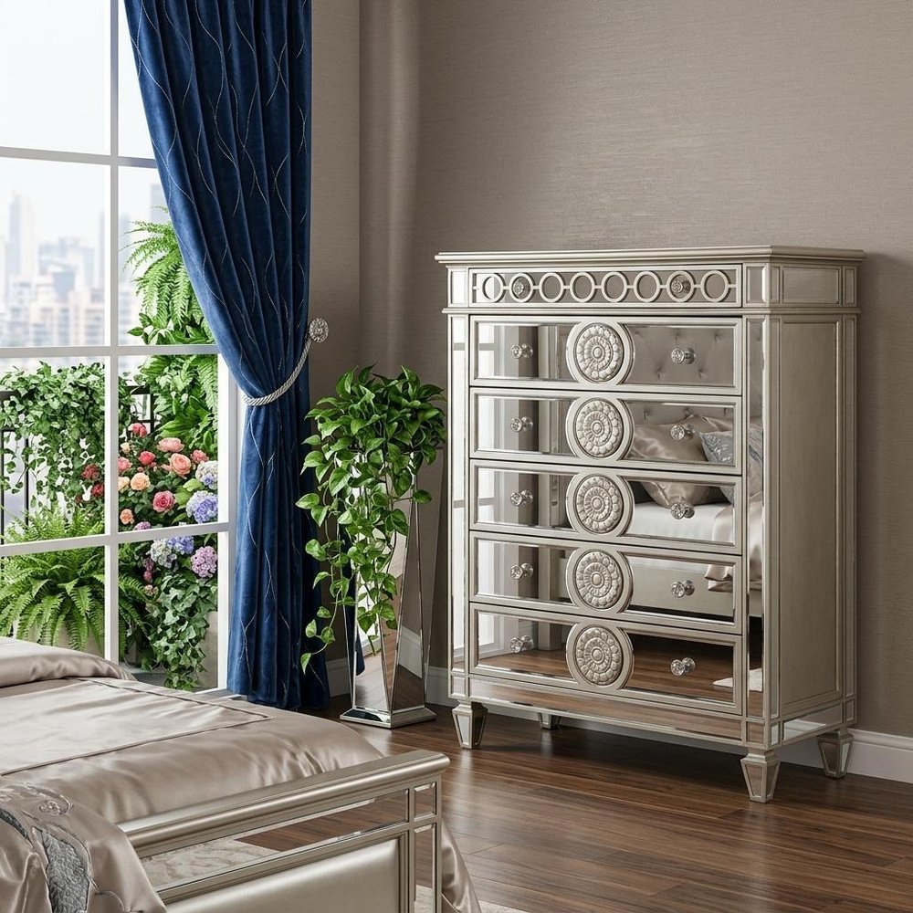 44" Silver Solid Wood Mirrored Six Drawer Dresser