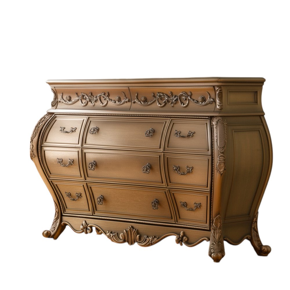 73" Brown Carved Scrollwork Solid Wood Eleven Drawer Triple Dresser