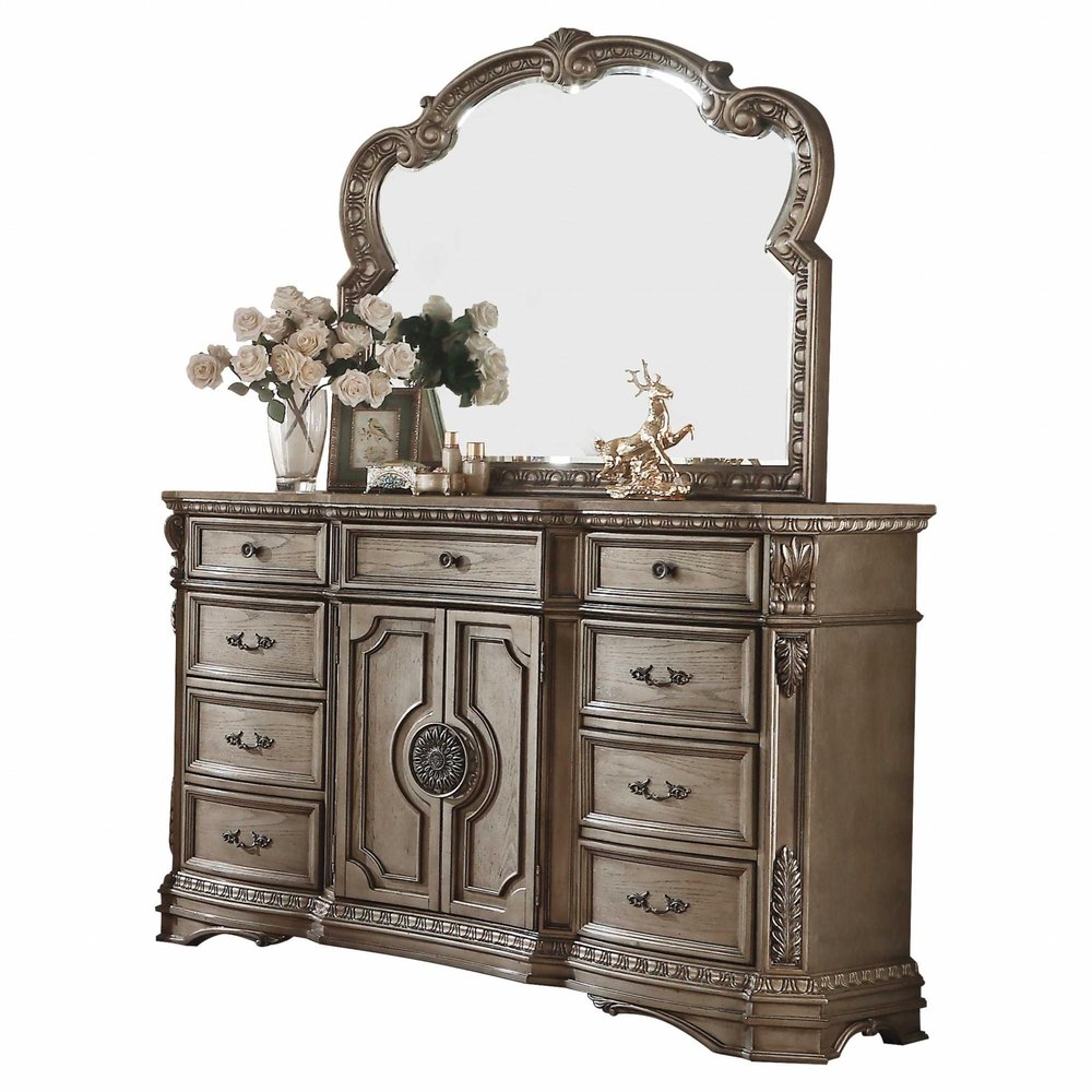 42" Brown Carved Floral Solid Wood Two Door Nine Drawer Combo Dresser