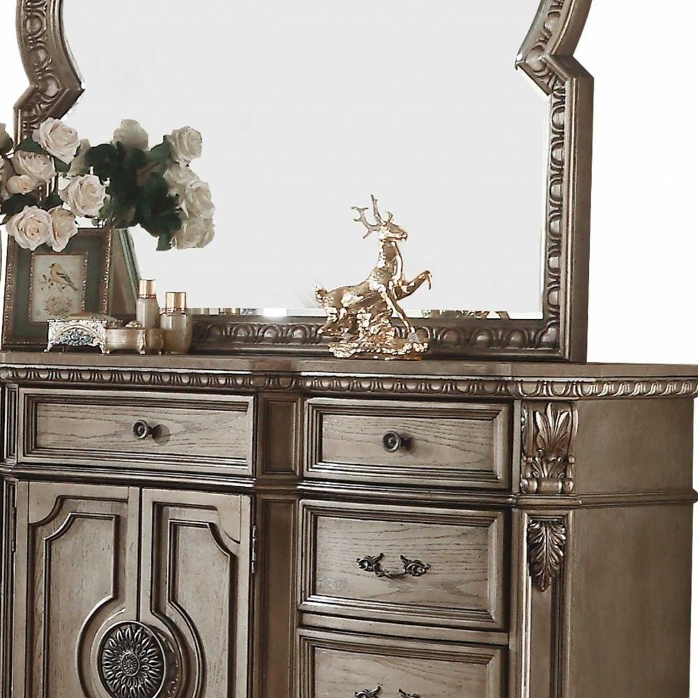 42" Brown Carved Floral Solid Wood Two Door Nine Drawer Combo Dresser