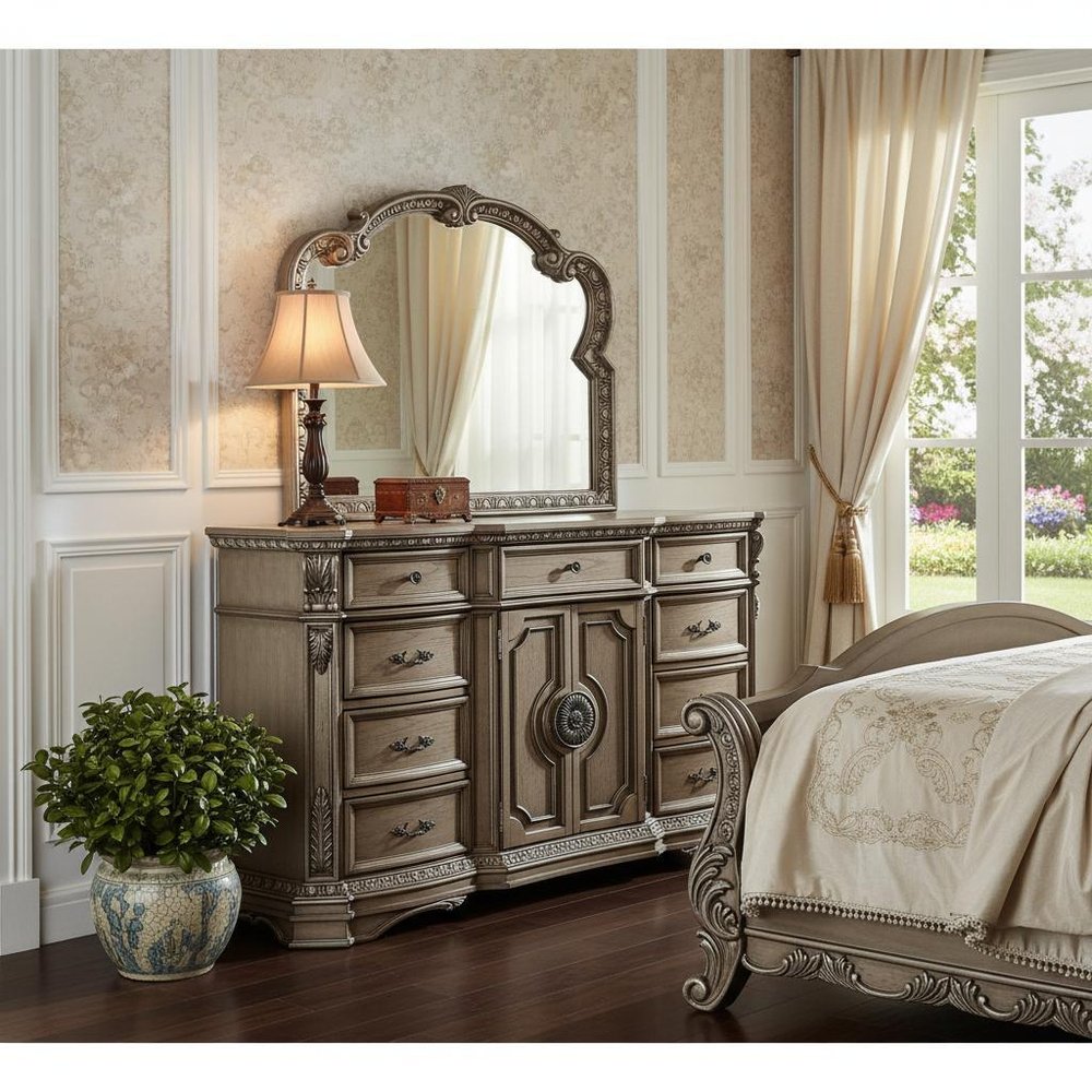 42" Brown Carved Floral Solid Wood Two Door Nine Drawer Combo Dresser