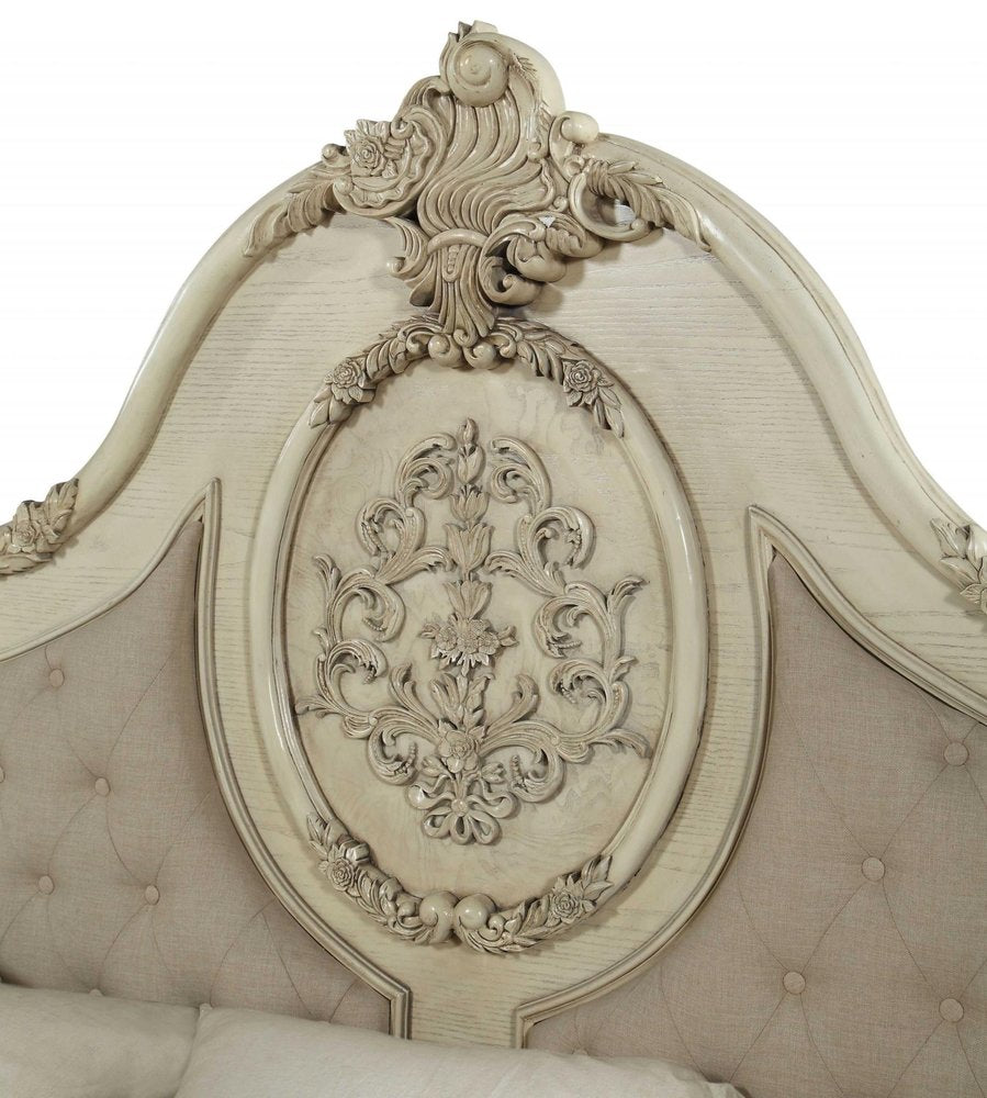 Beige Wood And Tufted Linen Queen Bed Frame With Nailhead Trim