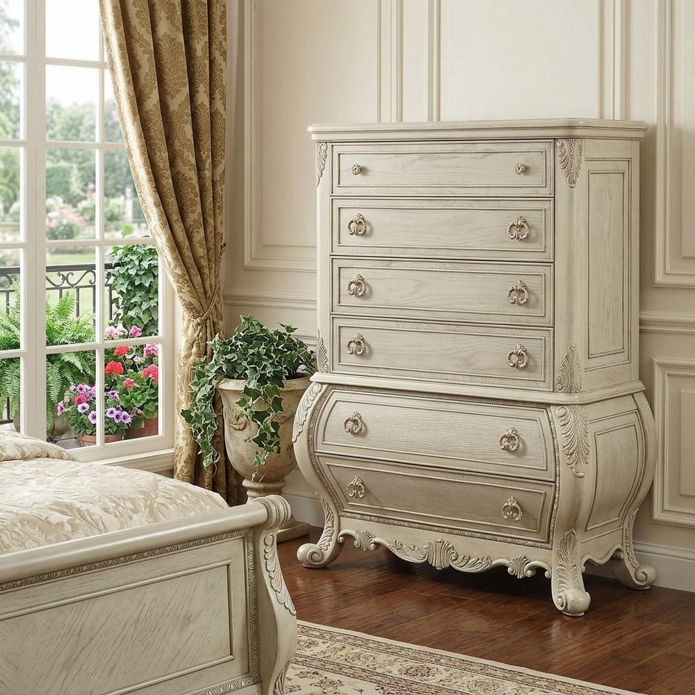 42" Cream Solid Wood Six Drawer