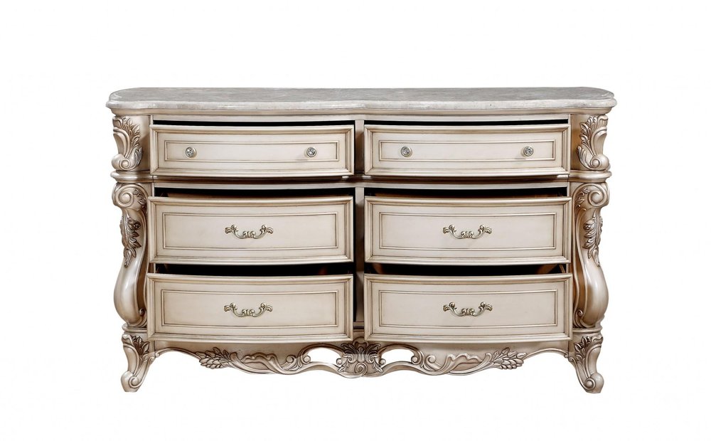 72" Antiqued White Solid Wood Six Drawer Double Dresser