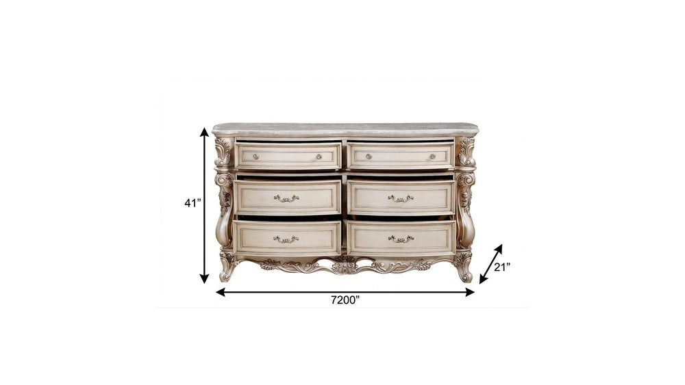 72" Antiqued White Solid Wood Six Drawer Double Dresser