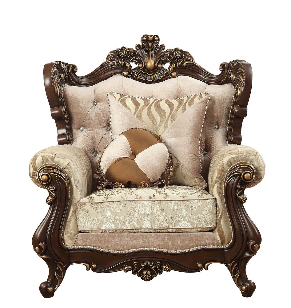 36" Beige and Brown Fabric Damask Tufted Arm Chair And Toss Pillows