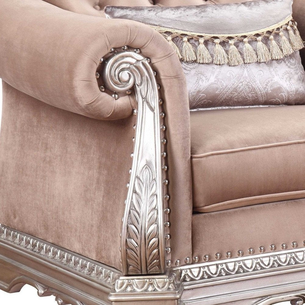 42" Cherry Blossom Pink and Silver Velvet Tufted Arm Chair And Toss Pillow