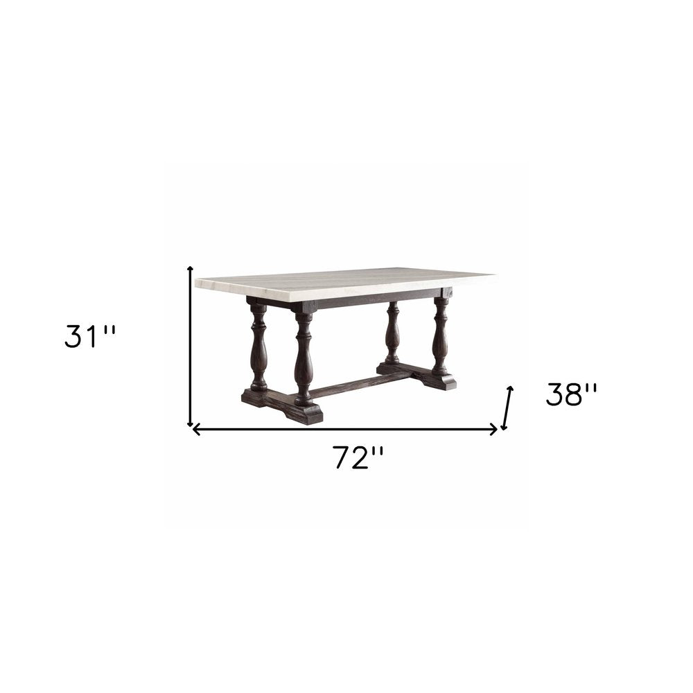 72" White and Gray Marble And Solid Wood Trestle Base Dining Table