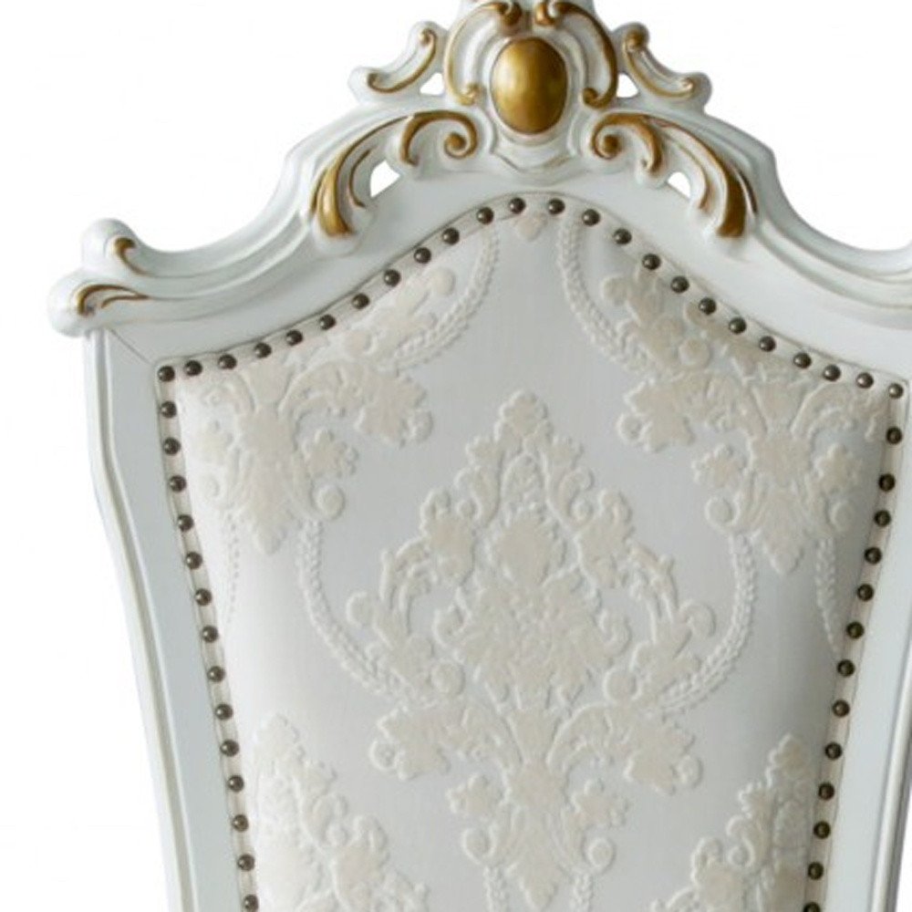 Set of Two 27" Beige and White Faux Leather Damask Side Chair