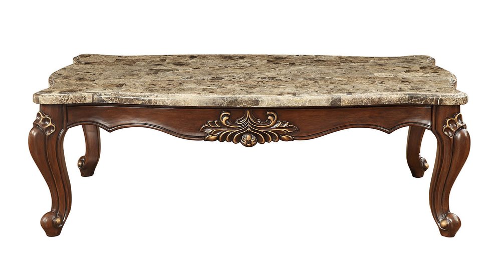 34" Brown and Dark Brown Faux Marble And Solid Wood Free Form Coffee Table