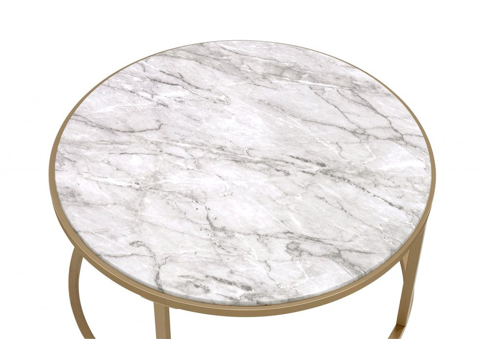 Set of Two Clear White and Gold Glass And Faux Marble And Iron Round Frame Nested Coffee Tables