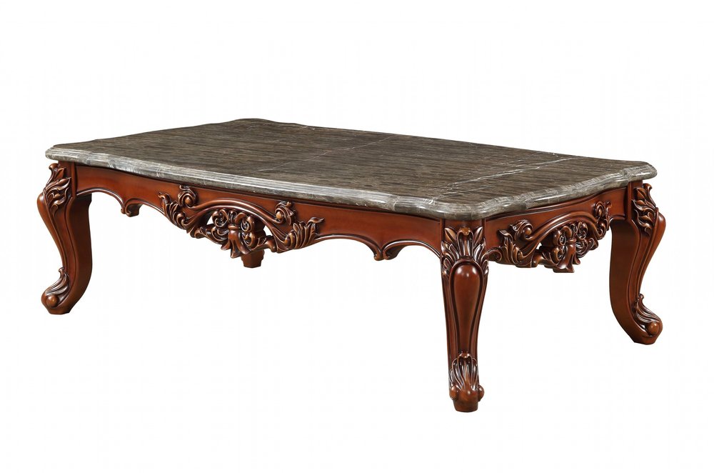 36" Gray and Brown Genuine Marble And Solid Wood Coffee Table