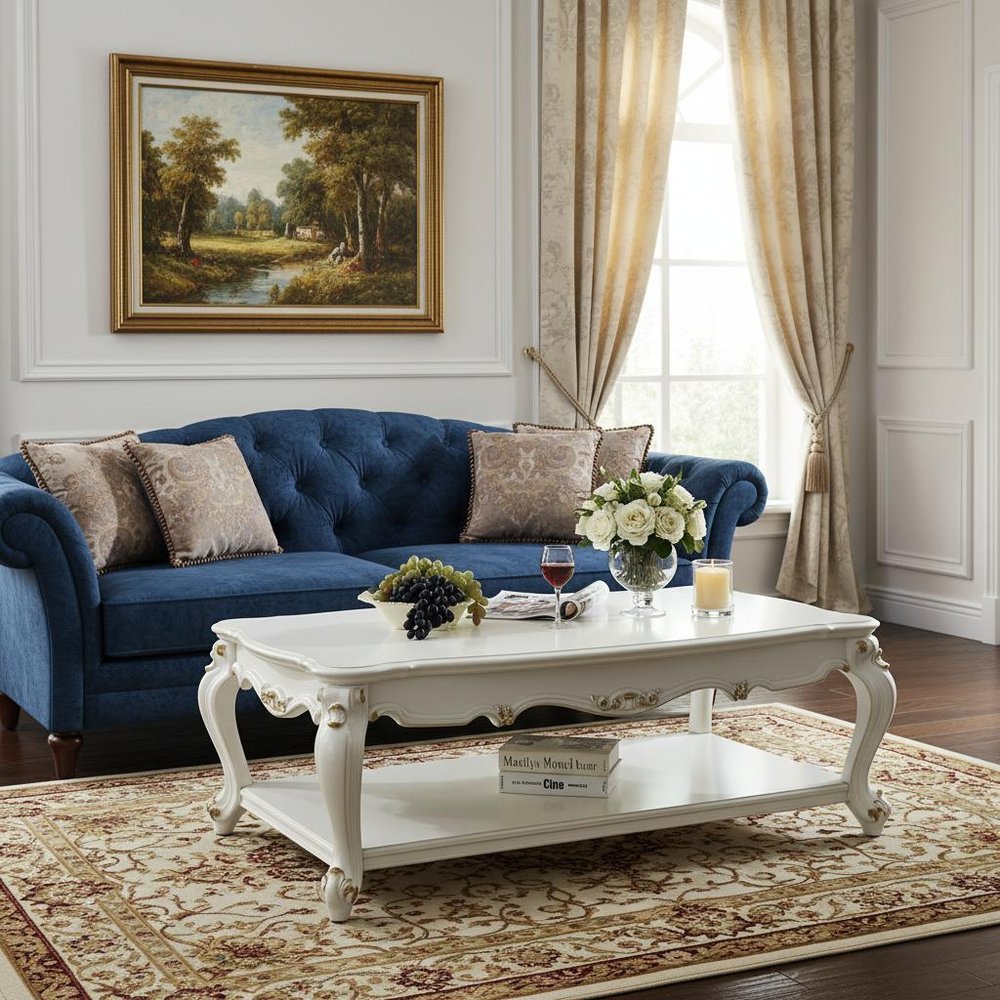 36" White Resin And Wood Coffee Table With Shelf