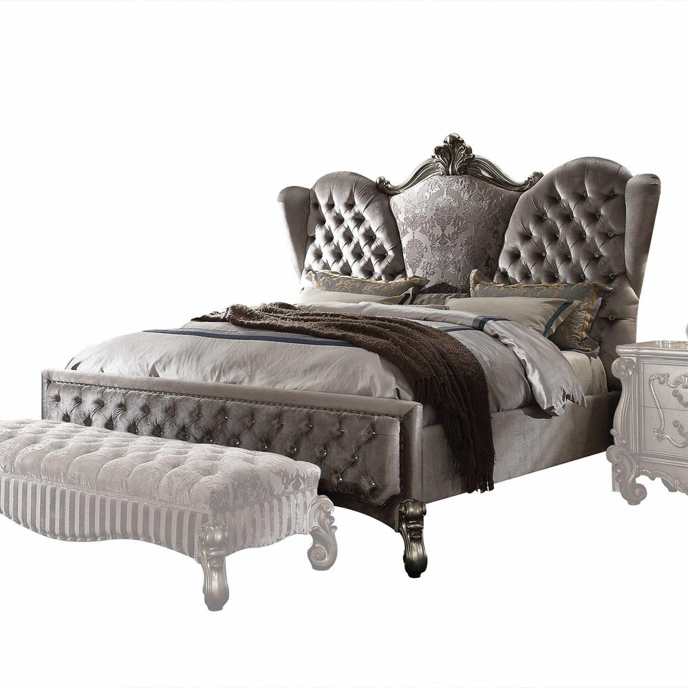 Gray Queen Tufted Upholstered Velvet Bed Frame with Nailhead Trim