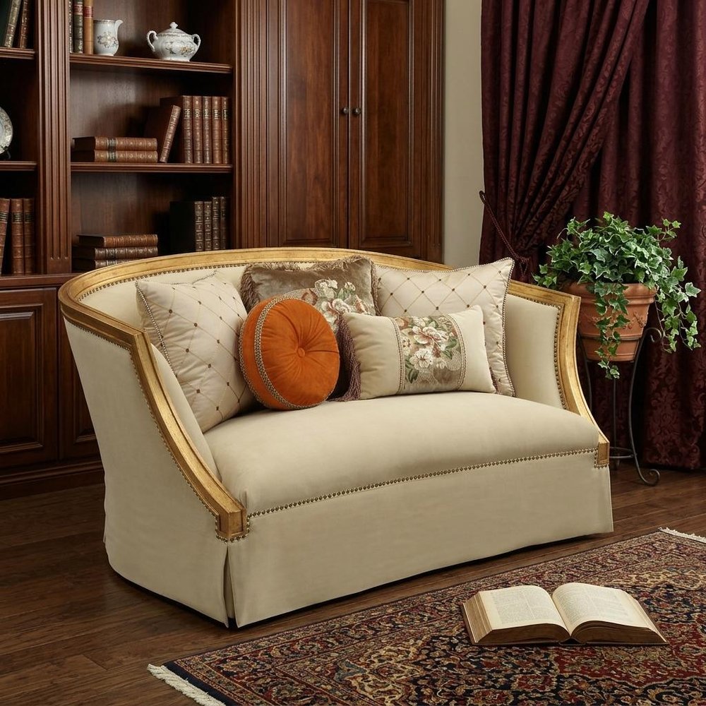 70" Tan And Gold Curved Loveseat and Toss Pillows