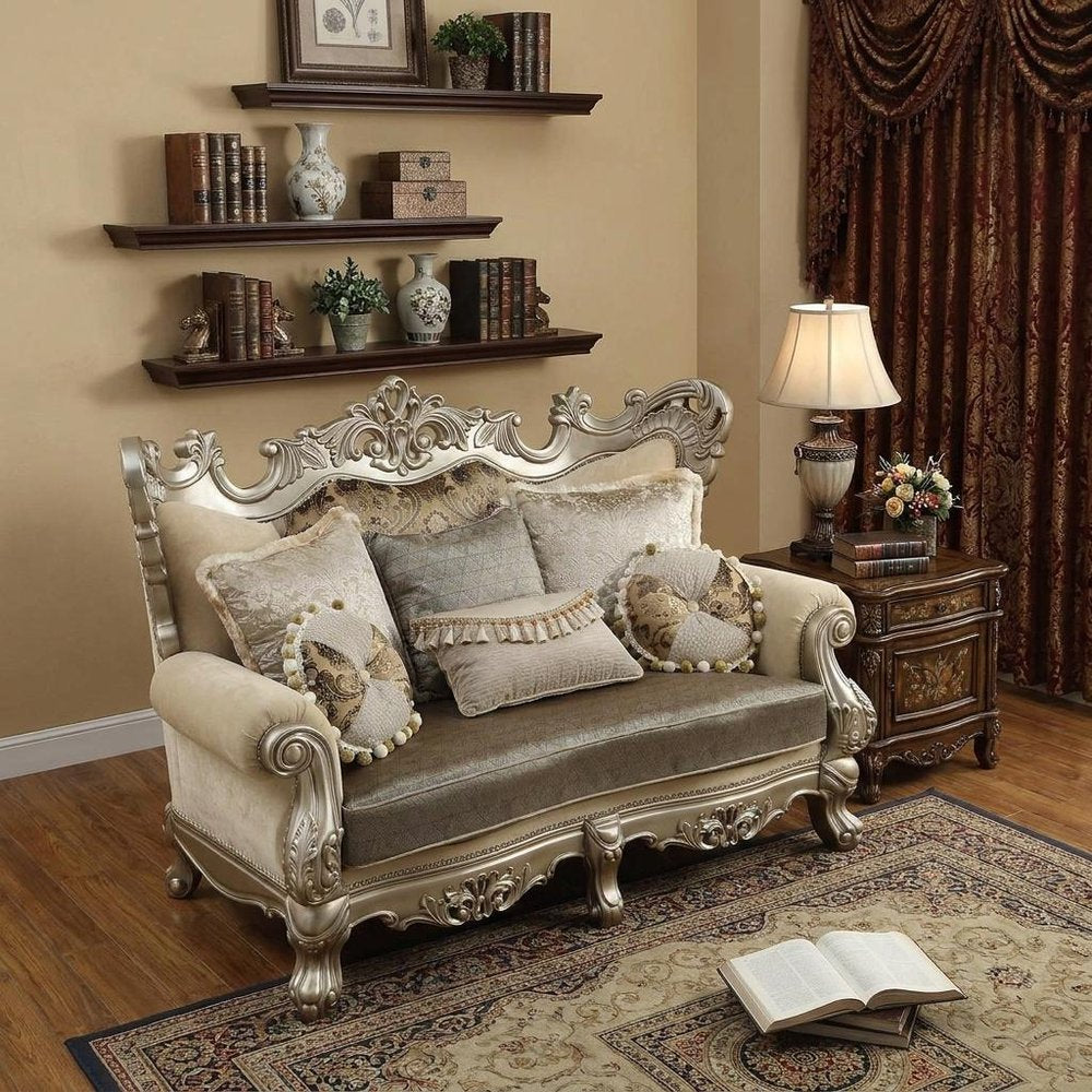 72" Cream And Platinum Damask Chesterfield Loveseat and Toss Pillows
