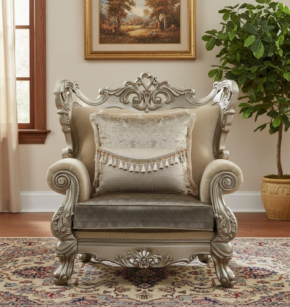 47" Beige Green and Champagne Fabric Geometric Arm Chair And Toss Pillow