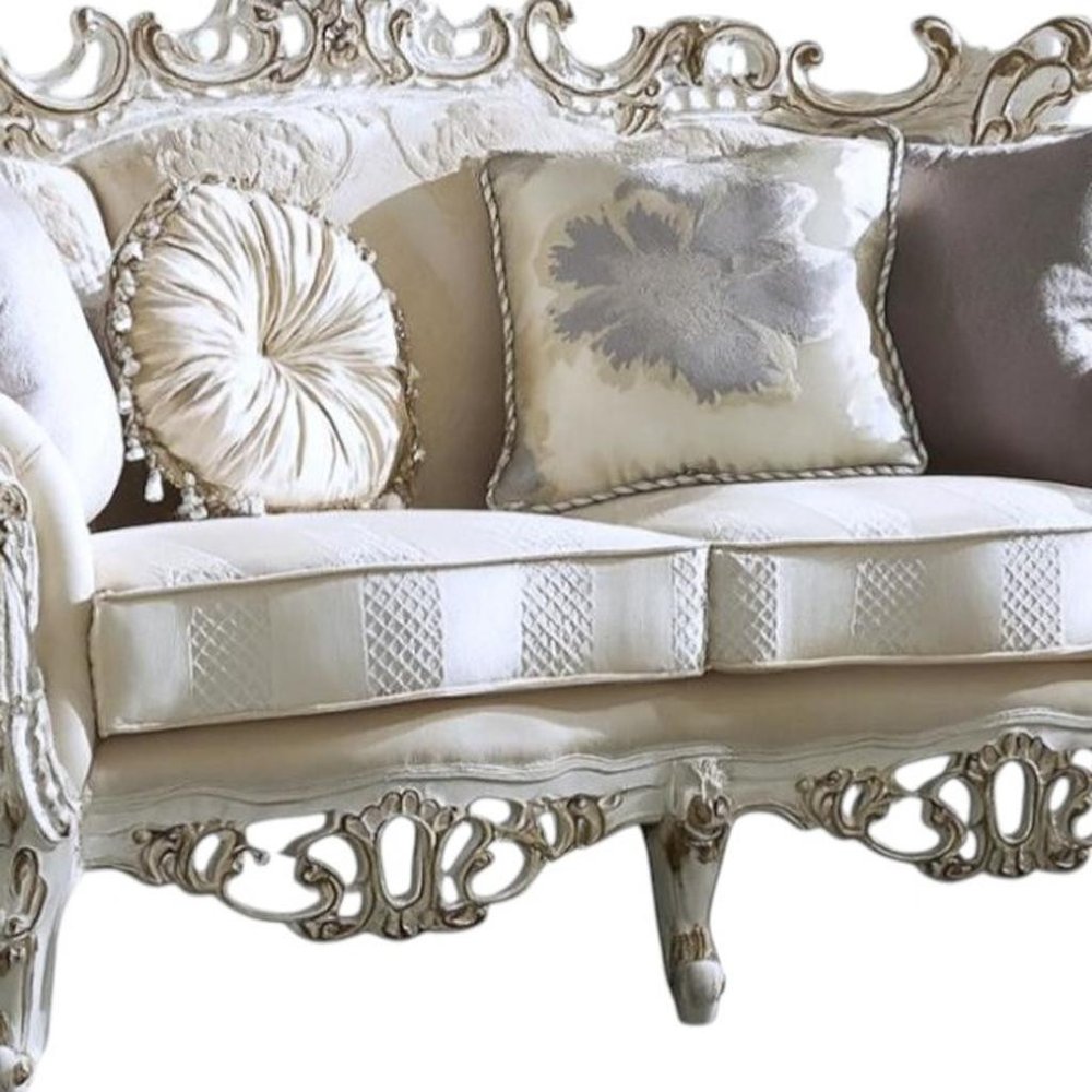 61" Ivory And Silver Damask Chesterfield Loveseat