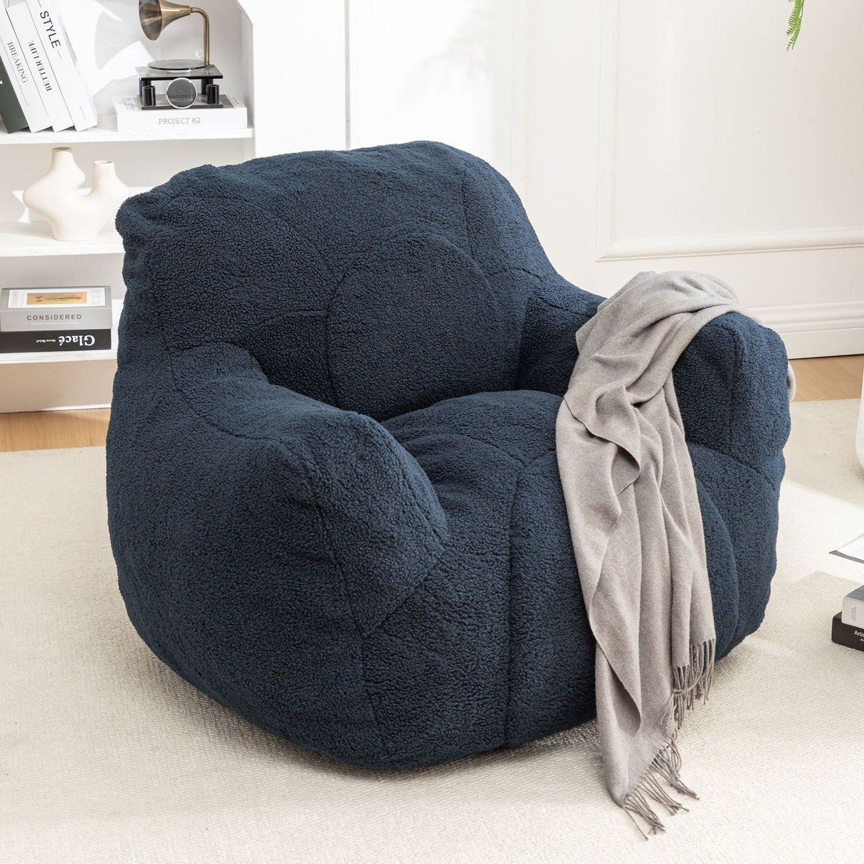 Comfy Bean Bag Chair With Filler, Tufted Memory Foam Sofa, Teddy Fabric, Fluffy And Cozy Seating For Dorm, Apartment, Or Living Room - Dark Blue by Couch.com