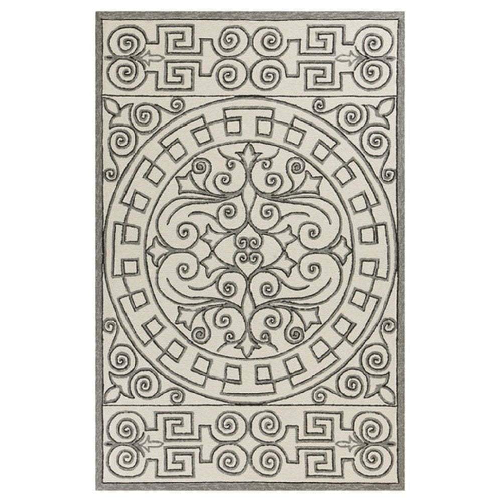 8' X 10' Gray and Ivory Damask Handmade Indoor Outdoor Area Rug