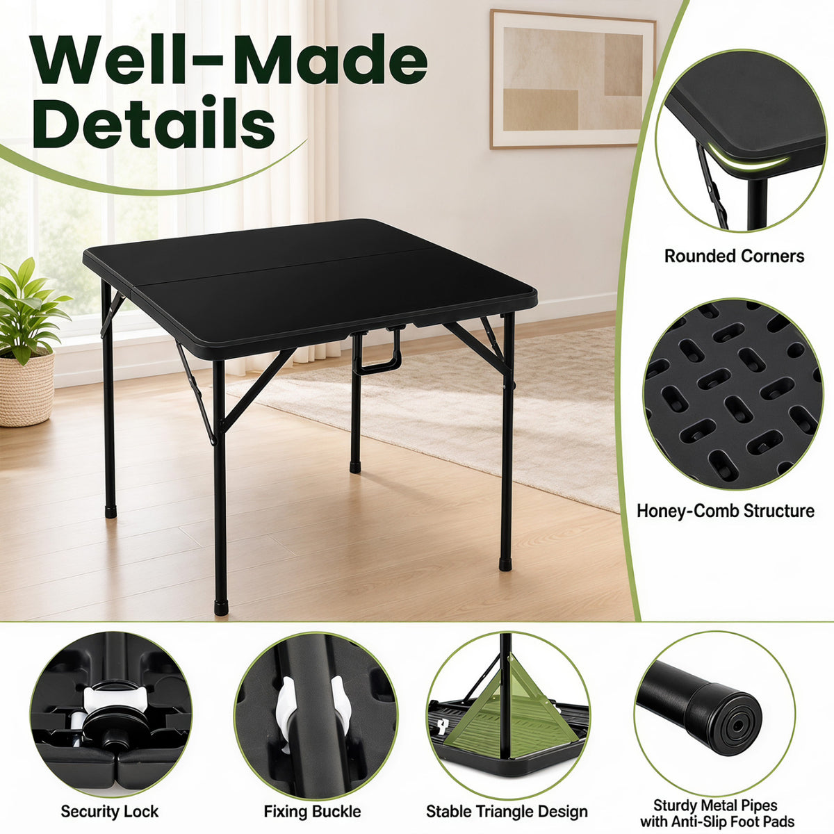 34 Inch Square Foldable Card Table with Carrying Handle-Black