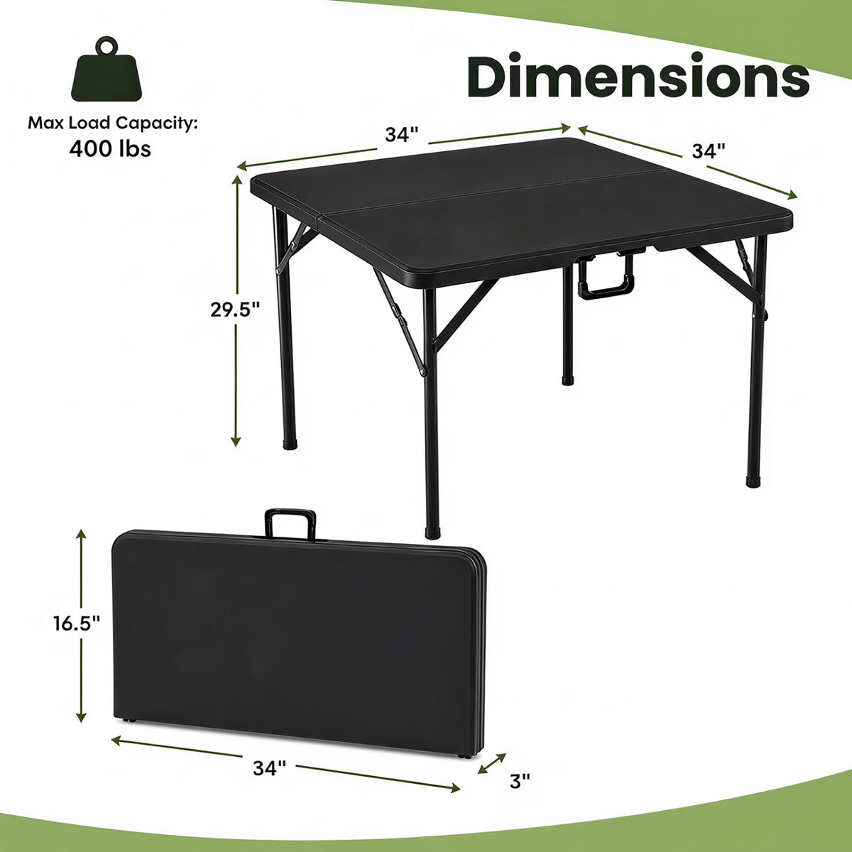 34 Inch Square Foldable Card Table with Carrying Handle-Black