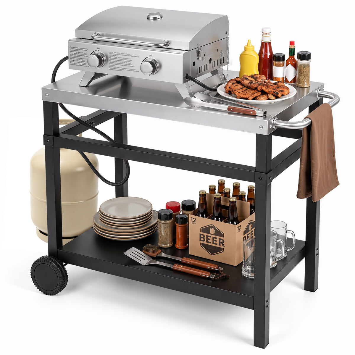 34" x 20" Double-Shelf Grill Table with Steel Top-Black